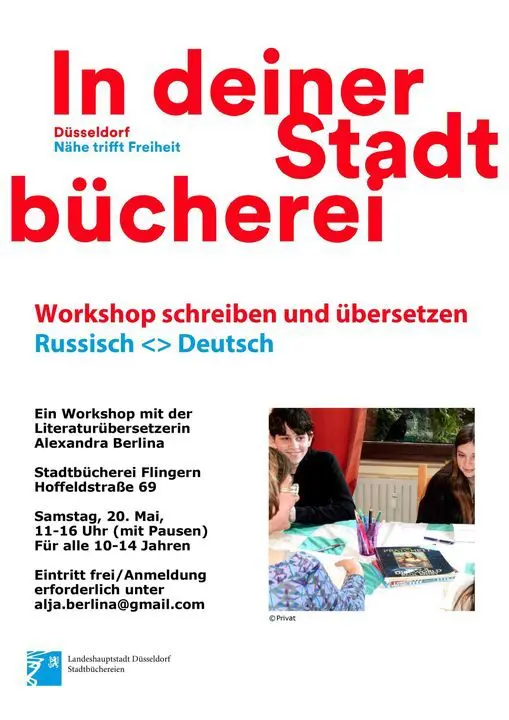 Ein Flyer mit der Ankündigung eines Workshops über Literaturübersetzung für Kinder von Alexandra Berlina in der Stadtbücherei Düsseldorf-Flingern